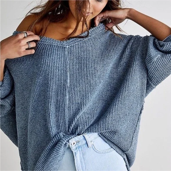 FREE PEOPLE Easy V Pullover Sweatshirt L Ribbed Oversized Slouchy Boho Beach - Picture 2 of 11